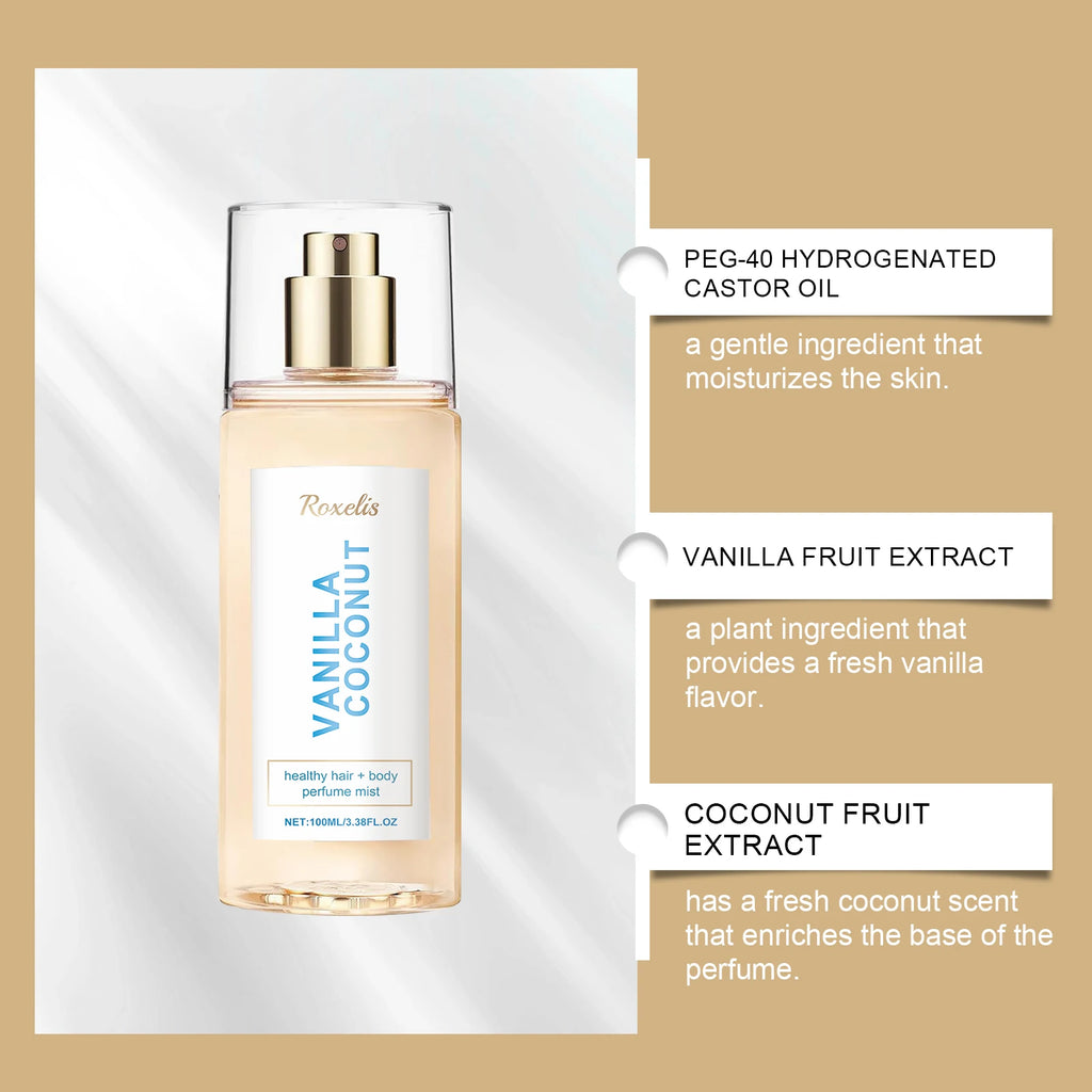 Vanilla Coconut Body Perfume Spray, long-lasting fragrance, exuding unique charm, fresh and romantic, portable perfume