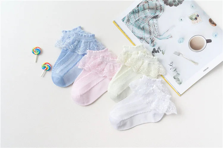 4Pairs Baby Girls Lace Socks Spring Summer Ruffle Princess Mesh Children Ankle Short Breathable Cotton Toddler Kids Socken 1-6Y