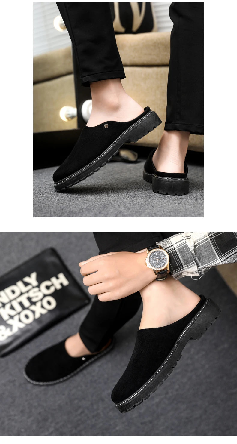 Black Men's Half Shoes Summer Casual Shoes Comfortable Suede Leather Shoes For Men Loafers Breathable Slip-on Shoes Man Slippers