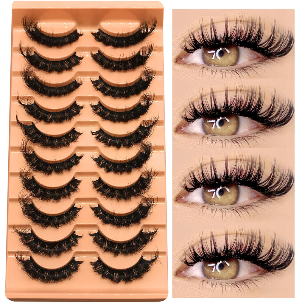 GROINNEYA Russian Strip Lashes Fluffy Faux Mink Lashes 8D Wispy Lashes Cat Eye Lashes Pack Dramatic Long Thick Volume Eyelashes