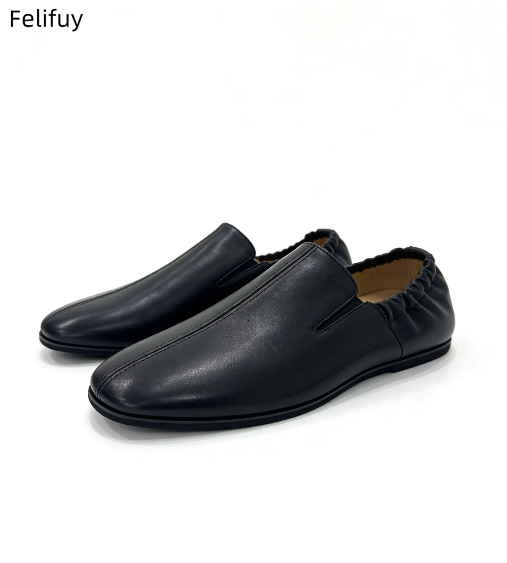 Black Casual Low-Heel Men's Genuine Leather Flat Shoes Korean Style Slip-On Loafers Fashionable Black Business Shoes round Toe