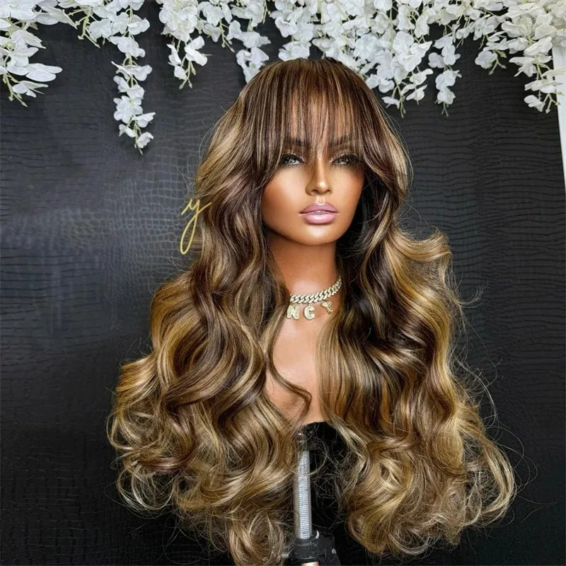 Ginger Wigs Body Wave Lace Frontal Wig With Bangs 13x4 HD Pre Plucked Hairline Transparent Heat Resistant Synthetic Hair Cosplay