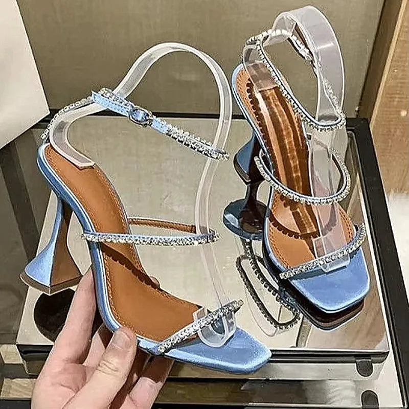 Women's Sandals  European and American Summer New High Heels Banquet Fashion Rhinestone Chain Open Toe Fine Heel Roman Sandals