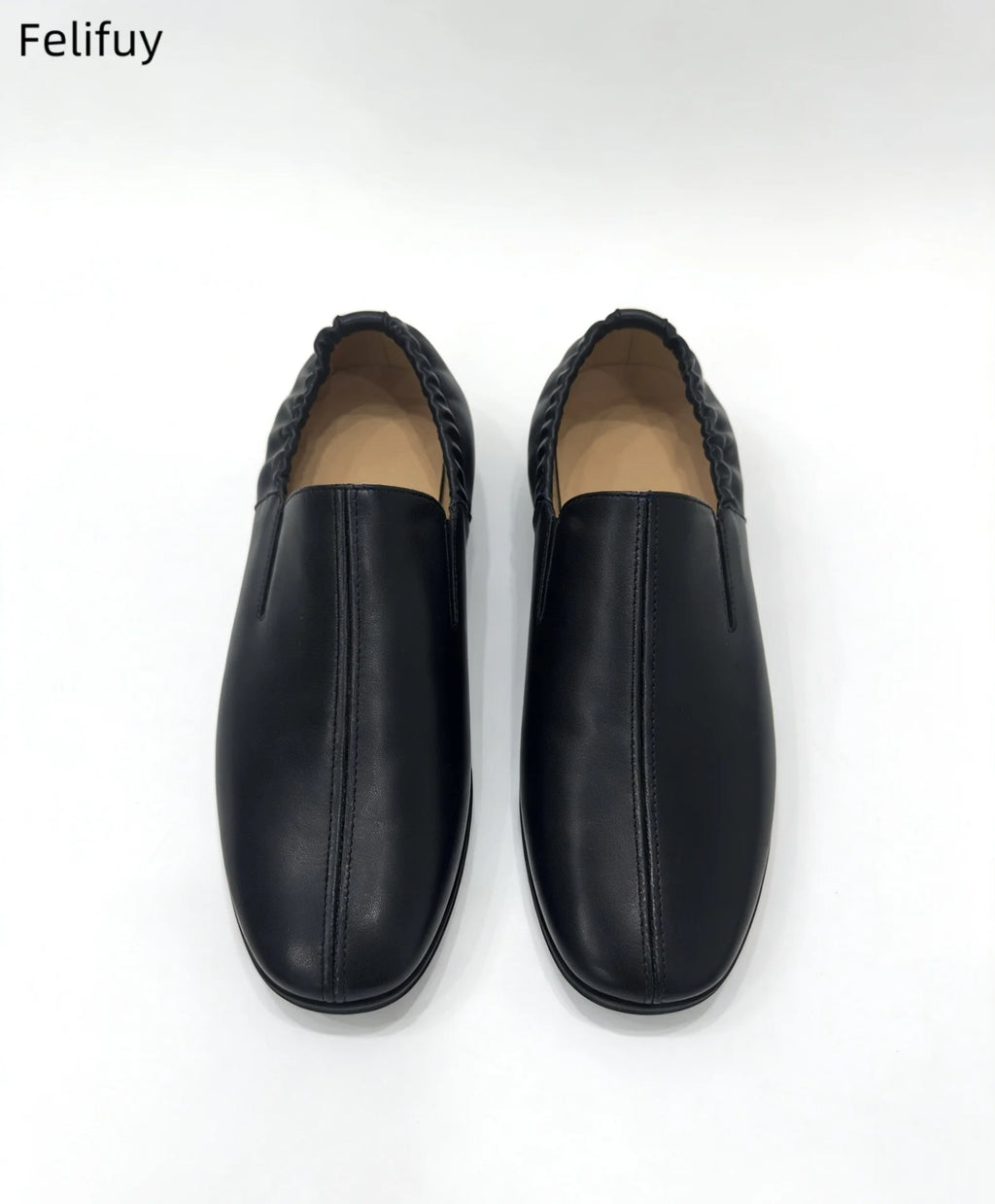 Black Casual Low-Heel Men's Genuine Leather Flat Shoes Korean Style Slip-On Loafers Fashionable Black Business Shoes round Toe