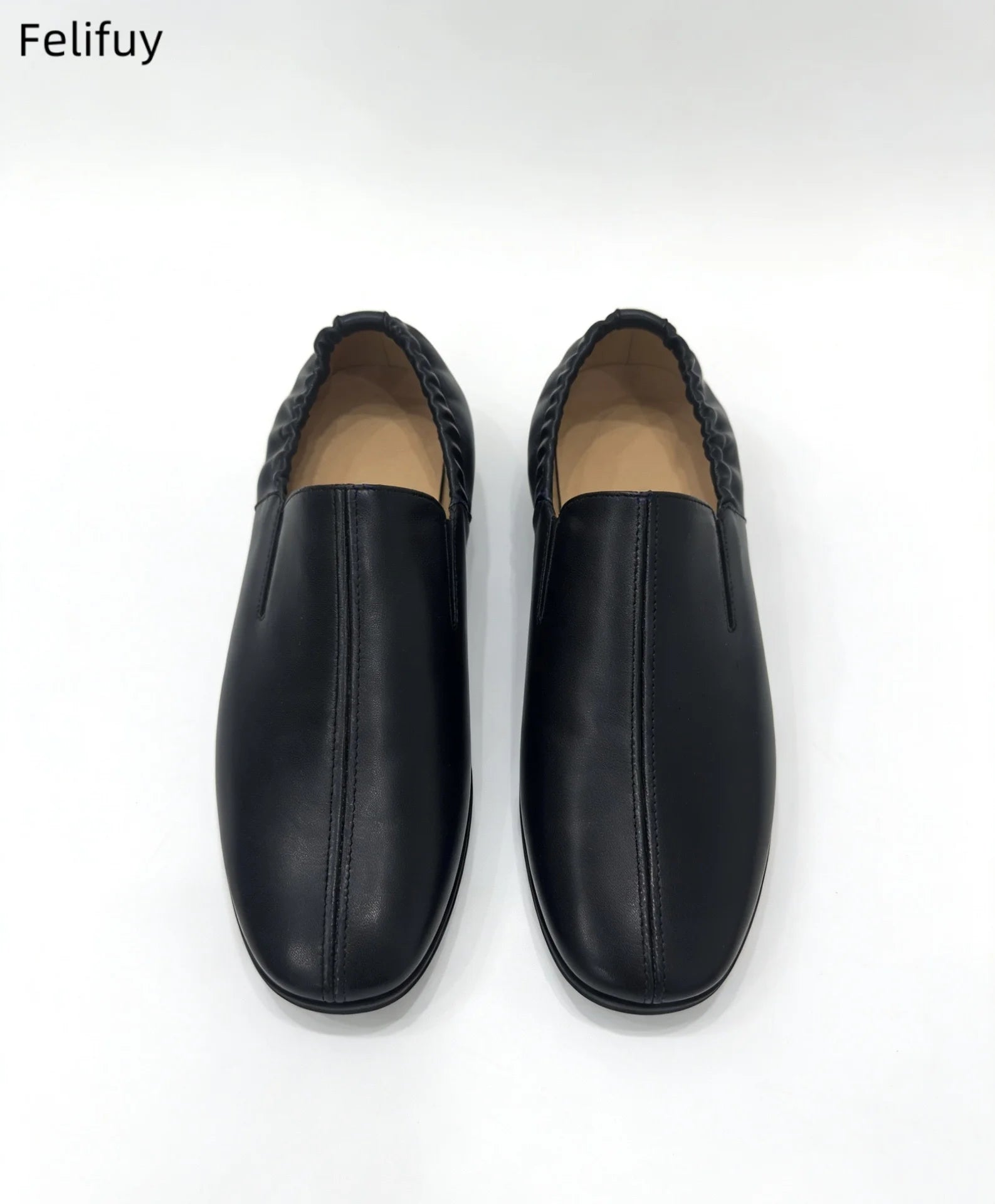 Black Casual Low-Heel Men's Genuine Leather Flat Shoes Korean Style Slip-On Loafers Fashionable Black Business Shoes round Toe