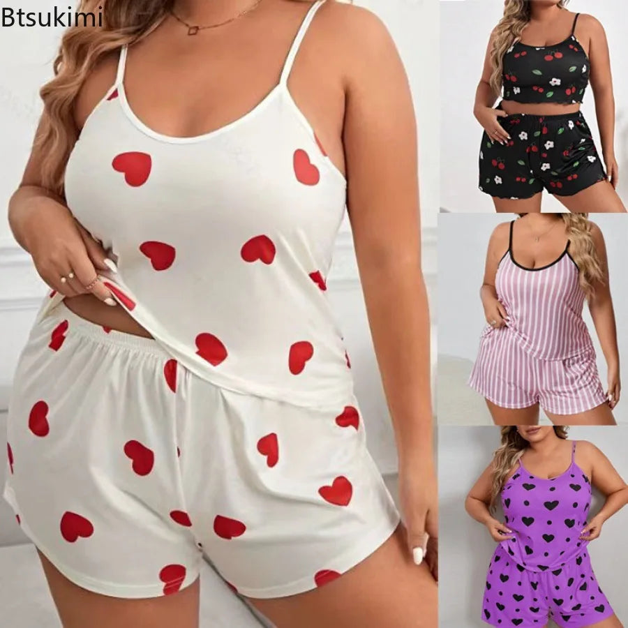 2026 Summer Women's Heart Print Pajama Set Sleeveless Elastic Waist Shorts 2 Pieces Female Sleepwear Nightwear XL-5XL Plus Size