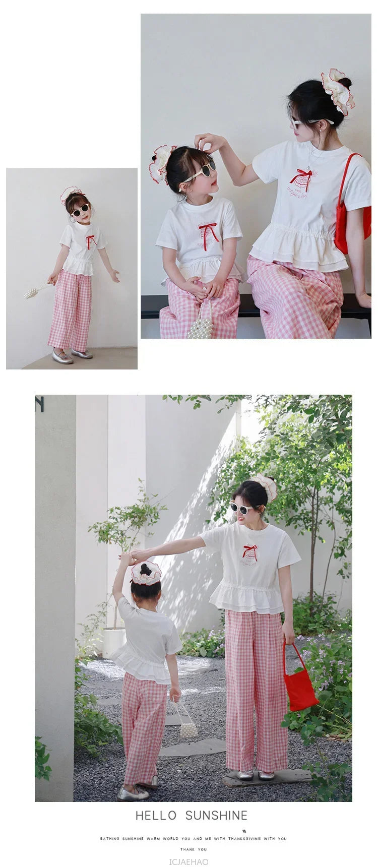 2025 Mother Daughter Matching Outfits Pink White Checkered Pants Tshirt Set Summer Casual Family Clothes Vacation Suits Mom
