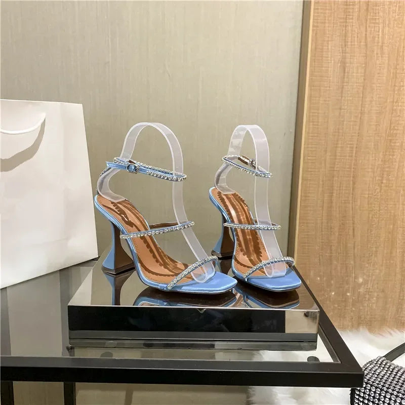 Women's Sandals  European and American Summer New High Heels Banquet Fashion Rhinestone Chain Open Toe Fine Heel Roman Sandals