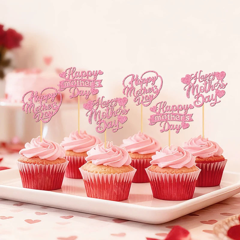 YOMDID 24Pcs Happy Mother's Day Cupcake Toppers Glitter Happy Mother's Day Heart Cake Toppers Cake Decorations for Mothers Day