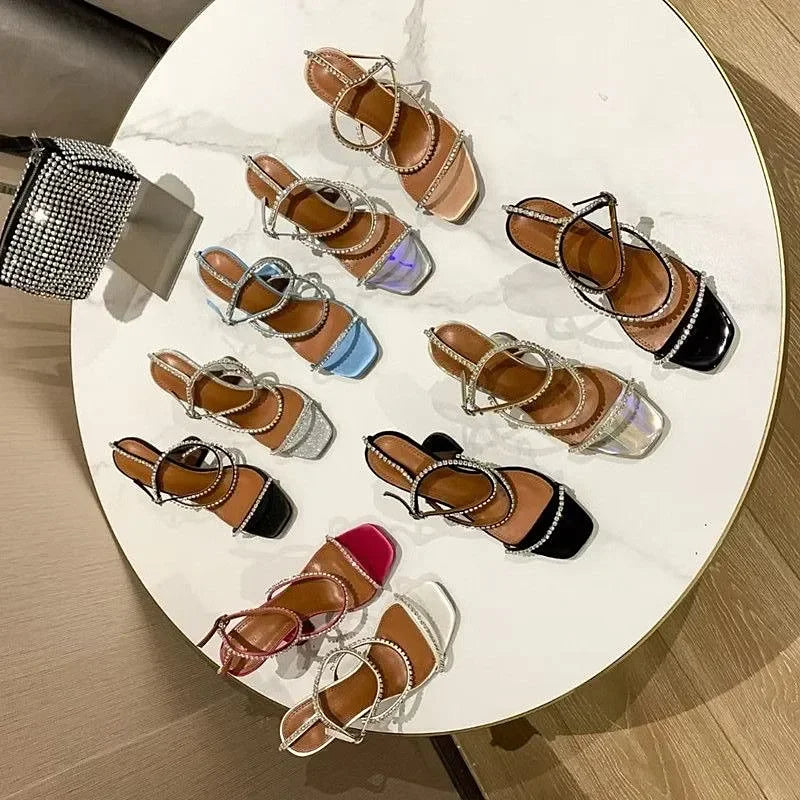 Women's Sandals  European and American Summer New High Heels Banquet Fashion Rhinestone Chain Open Toe Fine Heel Roman Sandals