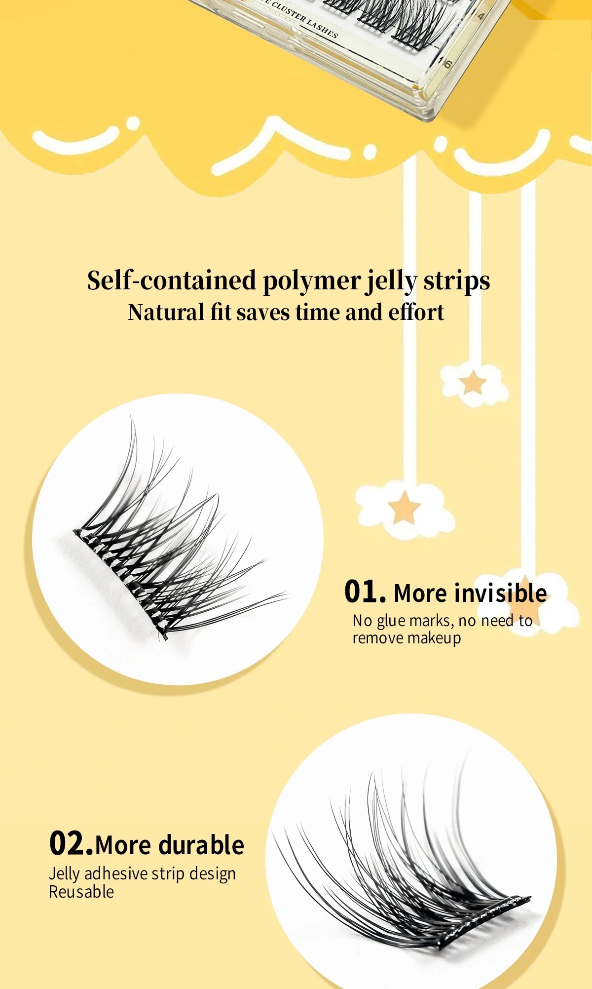 Self Adhesive Cluster Lashes Reusable DIY Lash Extensions Kit No Glue Needed Individual Eyelash Set Wispy Natural Lash Clusters