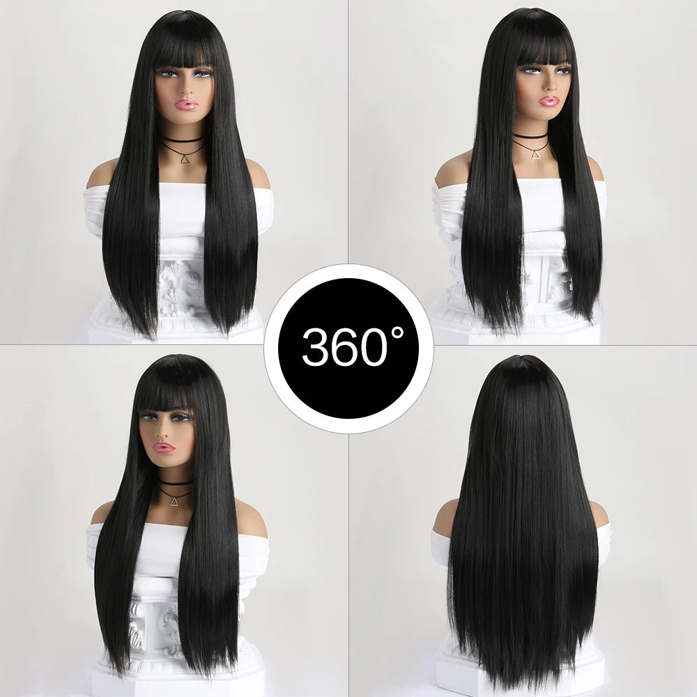 Wig with Bangs for Women  Long Straight Heat Resistant Synthetic Wig for Daily Use, Party, Halloween, Cosplay 26 Inch Wig for