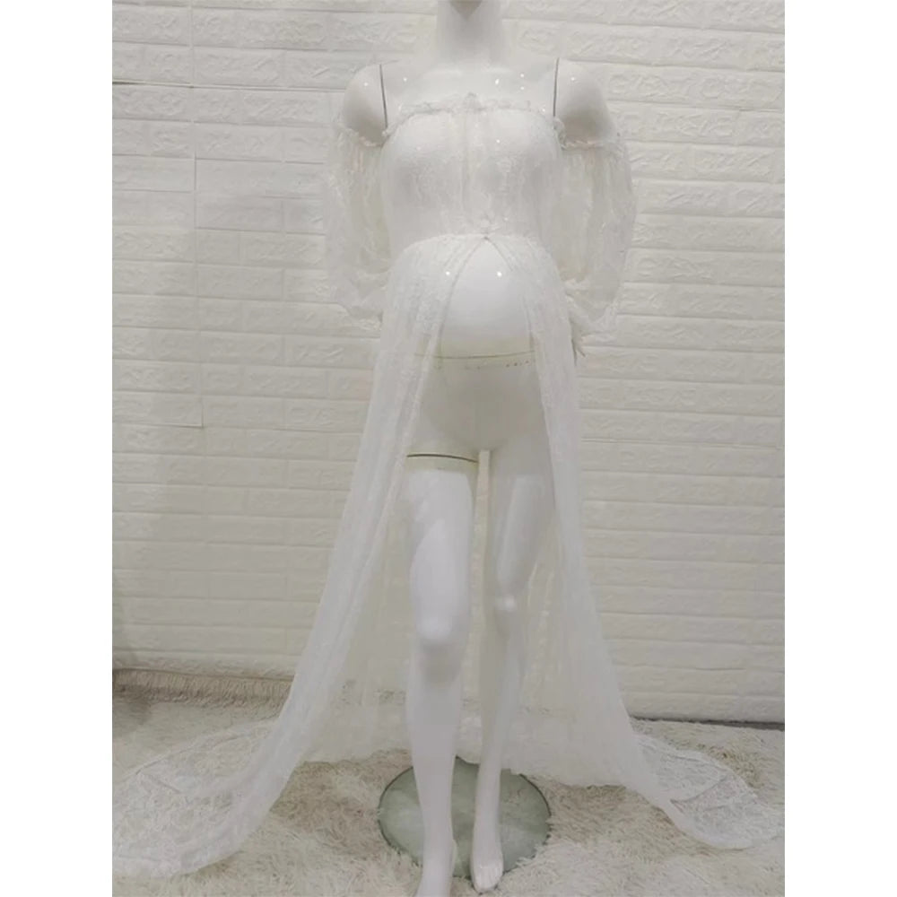 Maternity Photography Dresses Sexy Off Shoulder Mesh Lace Maxi Dress White Long Pregnancy Women Gown Photoshoot Props Accessorie