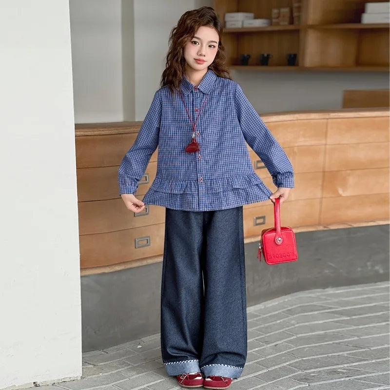 Girls Clothing Set Fashion Children Blue Plaid Loose Fit Sweet Doll Shirt +Cowboy Wide Leg Pants Two-piece Set Spring Autumn