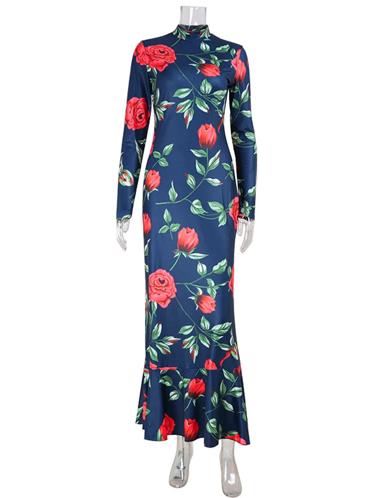 CNYISHE Flower Prints O Neck Women Dresses Sheath Trendy Fashion Elegant Evening Party Outfits Female Bodycon Long Sleeve Robes