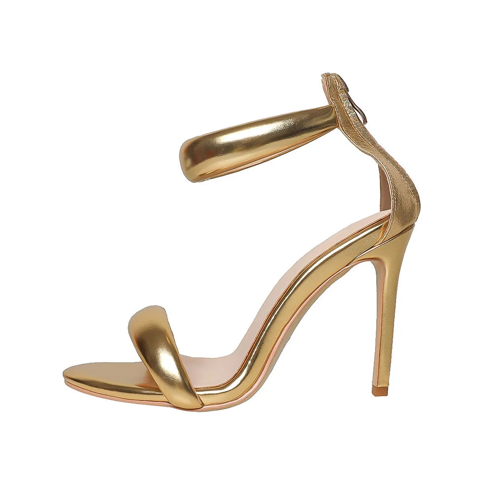 Sandals Women 2025 Concise Style One-strap Sandals for Girls Women Sexy Stiletto Heel Back Zip Cover Heels Summer Sandalias Gold