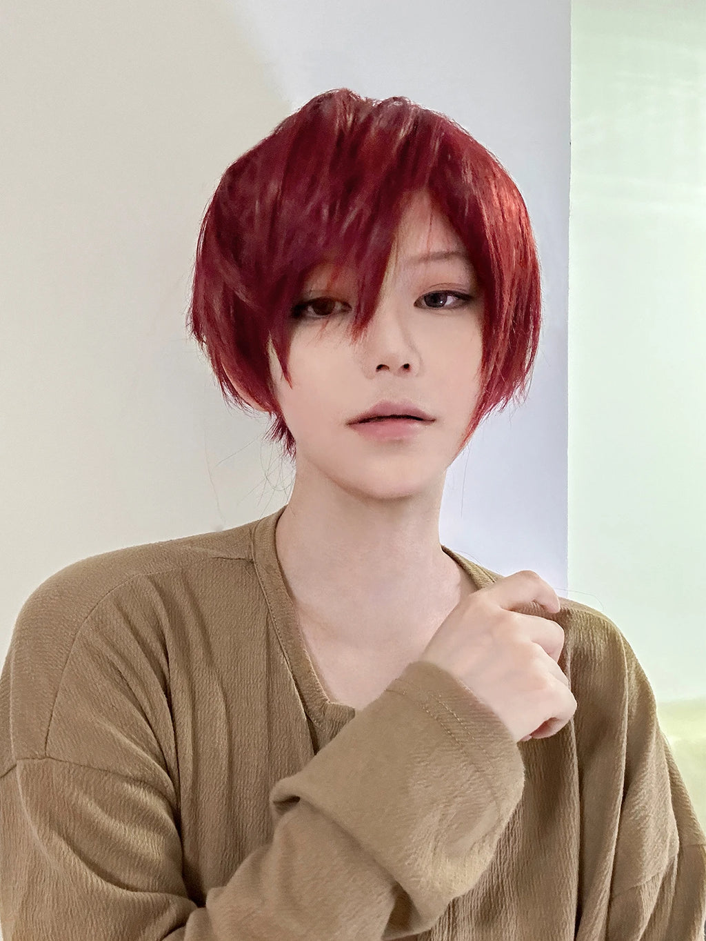 8Inch Wine Red Color Handsome Synthetic Wigs With Bangs Short Straight Hair For Man or Women Daily Use Cosplay Heat Resistant