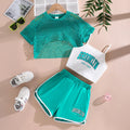 Summer girls' fashion 3-piece set, cool and breathable mesh short sleeved T-shirt+letter printed suspender+shorts