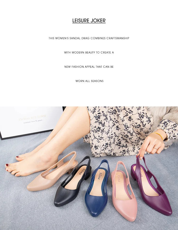Sandals  Fashion New Elegant Women Shallow Mouth Medium Low Heel Non-slip Shoes Breathable Casual Comfortable Jelly Sandals