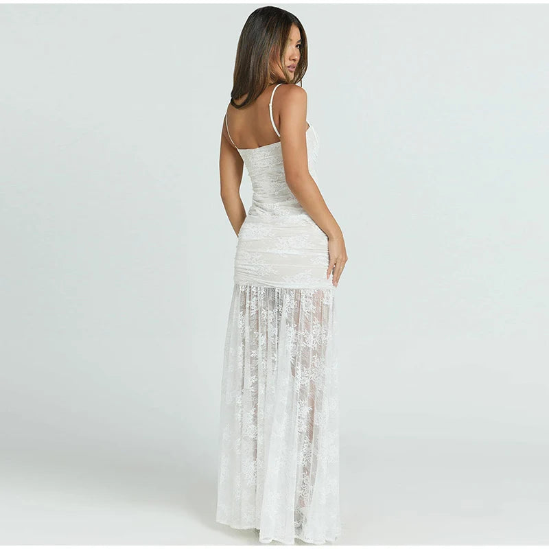 Sexy Lace Spaghetti Strap Dress Women Sleeveless Backless See Through Slim Split Long Dresses 2026 Spring Holiday Lady Robes