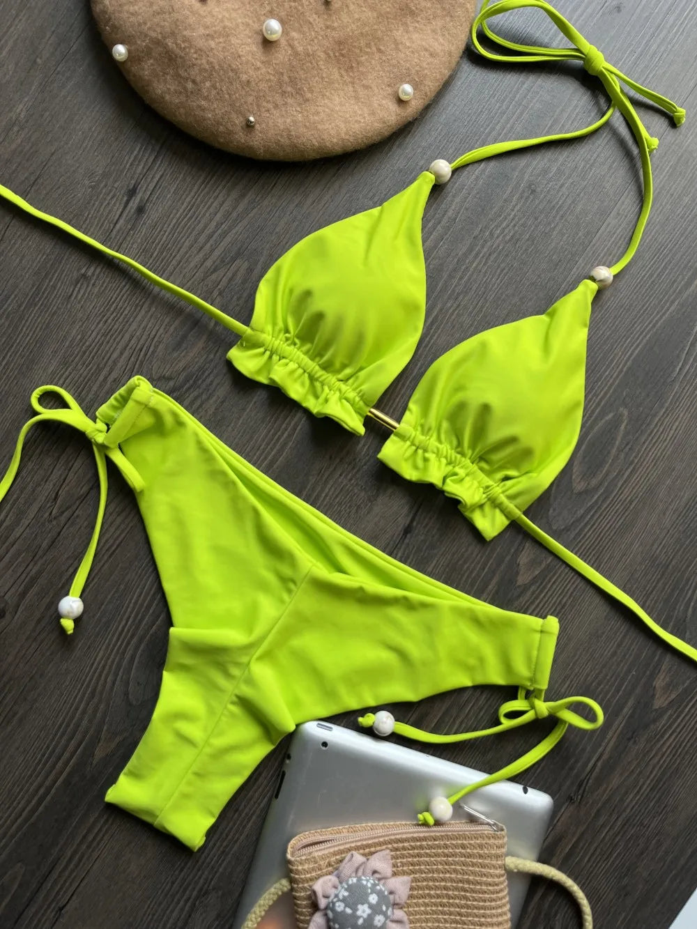 Summer Brazilian Bikini Set Women Sexy Bandage Top Thong Bottom 2 Pieces Set Push-up Swimwear Lace Up Swimsuit Beachwear