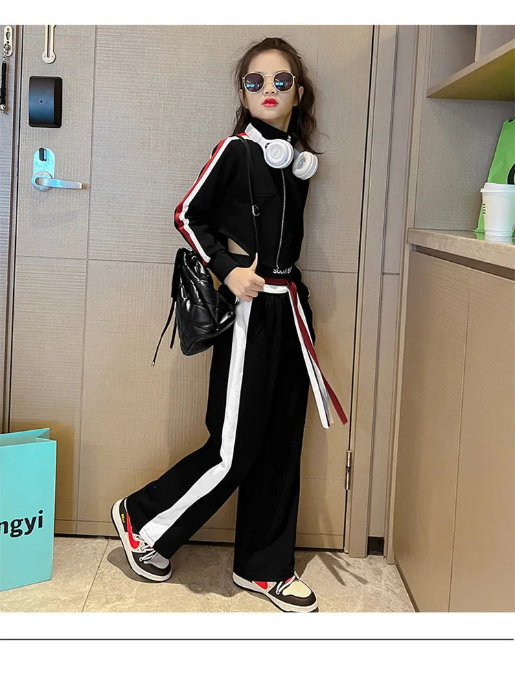 Childrens teenager girls Clothing Set Casual Sportwear Striped Short Top+Wide leg Pant 2pcs Girls Elastic Waist Trousers 4-15