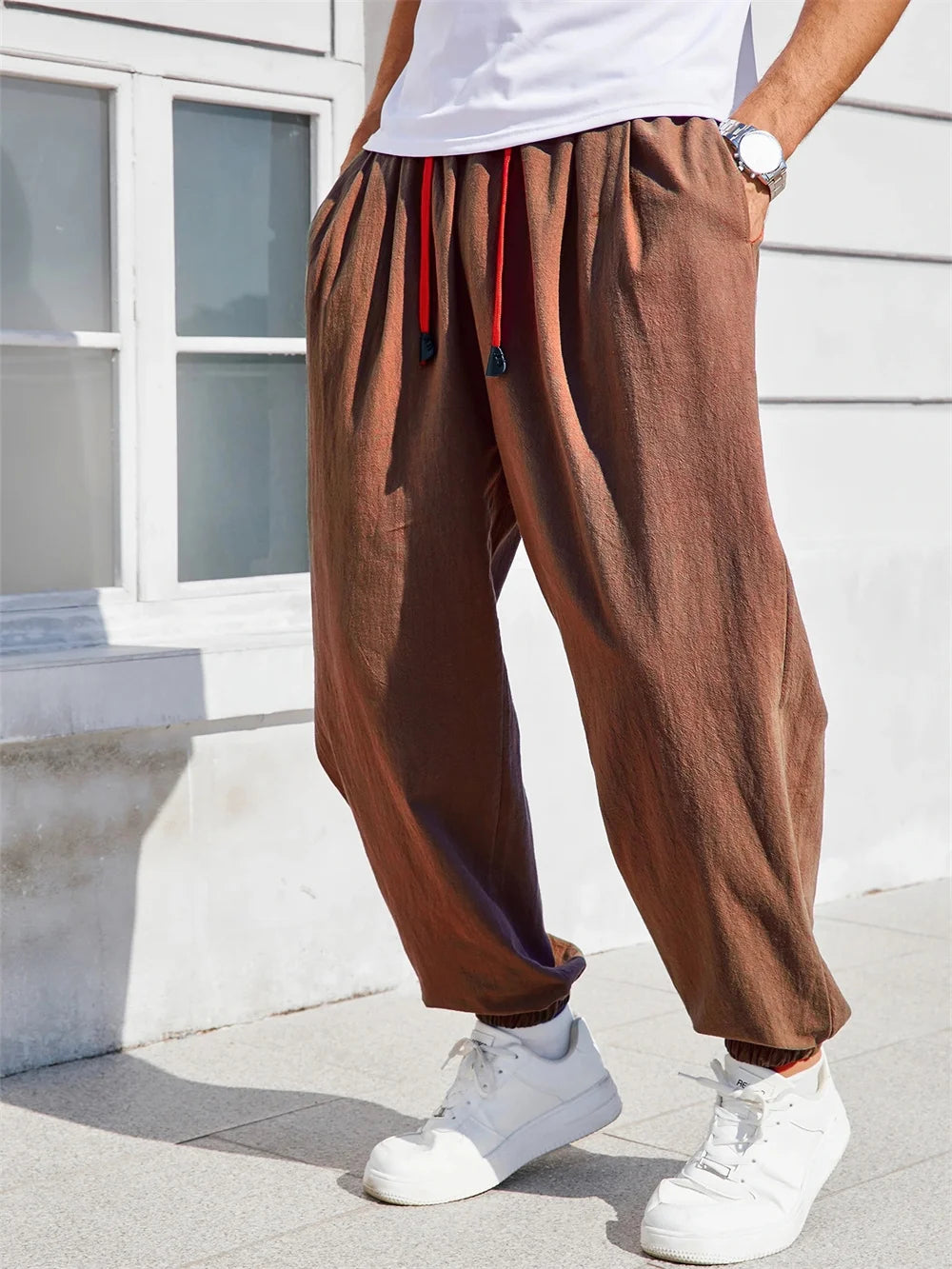 Men's Harem Pants Loose Fit Chinese Style Cotton Linen Solid Color Cozy Sweatpants Joggers High Quality Male Casual Trousers