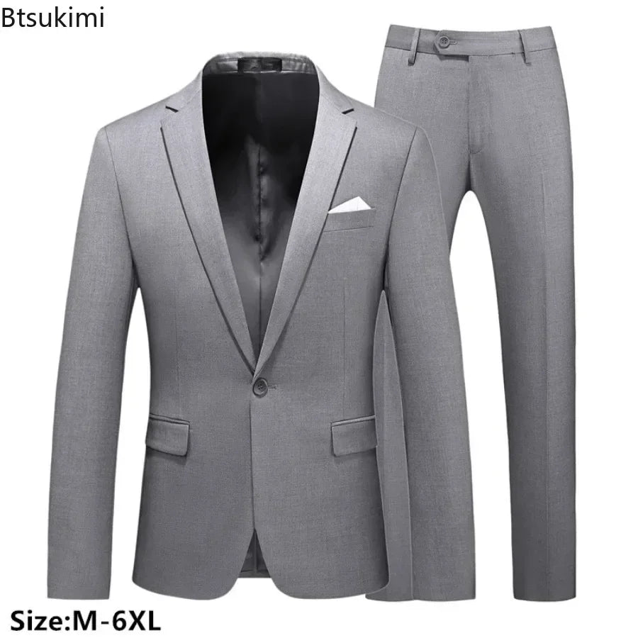 Men's Suits 2 PCS Sets Fashion Business Casual Formal Clothes Man Solid Slim Prom Party Blazer Coats+Trousers Sets Plus Size 6XL