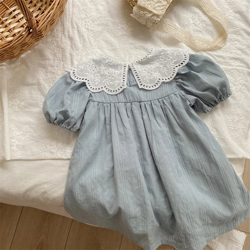 deer jonmi 2026 New Summer Baby Girls Princess Dresses Short Sleeve Korean Style Lace Collar Toddlers Kids Cotton Cute Dress