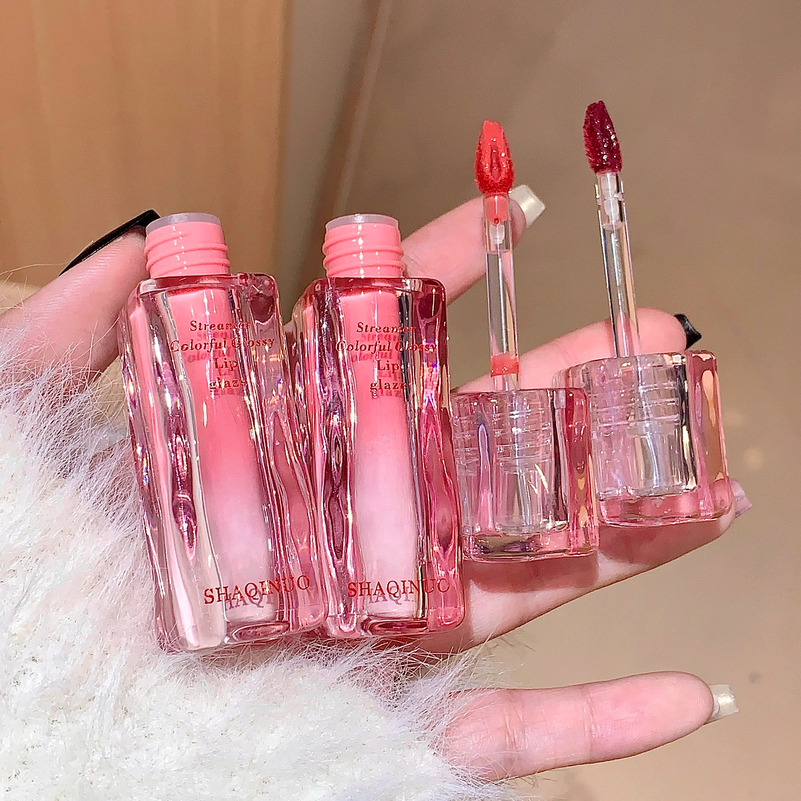 SHAQINUO Streamer Colorful Water Gloss Lip Glaze Mirror Water Gloss Moisturizing Lip Plumping Color Whitening