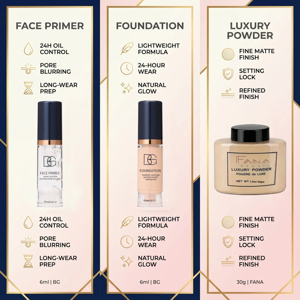 Marie Set de Maquillaje Facial de 4 Piezas — Primer Suavizante, Base Mate, Polvo Fijador con Borla, Paquete Impermeable de Larga Duración**