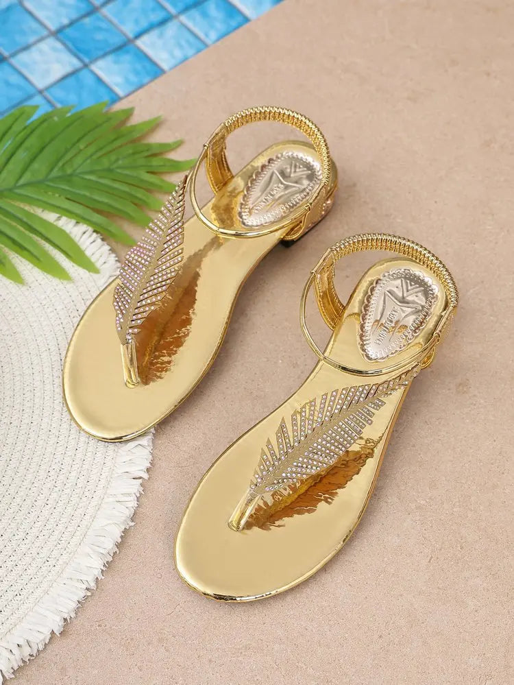 Women's Sandals Low Block Heel Rhinestone Leaf Thong Style Elastic Slingback Glossy Finish Summer Vacation Casual Dressy Shoes