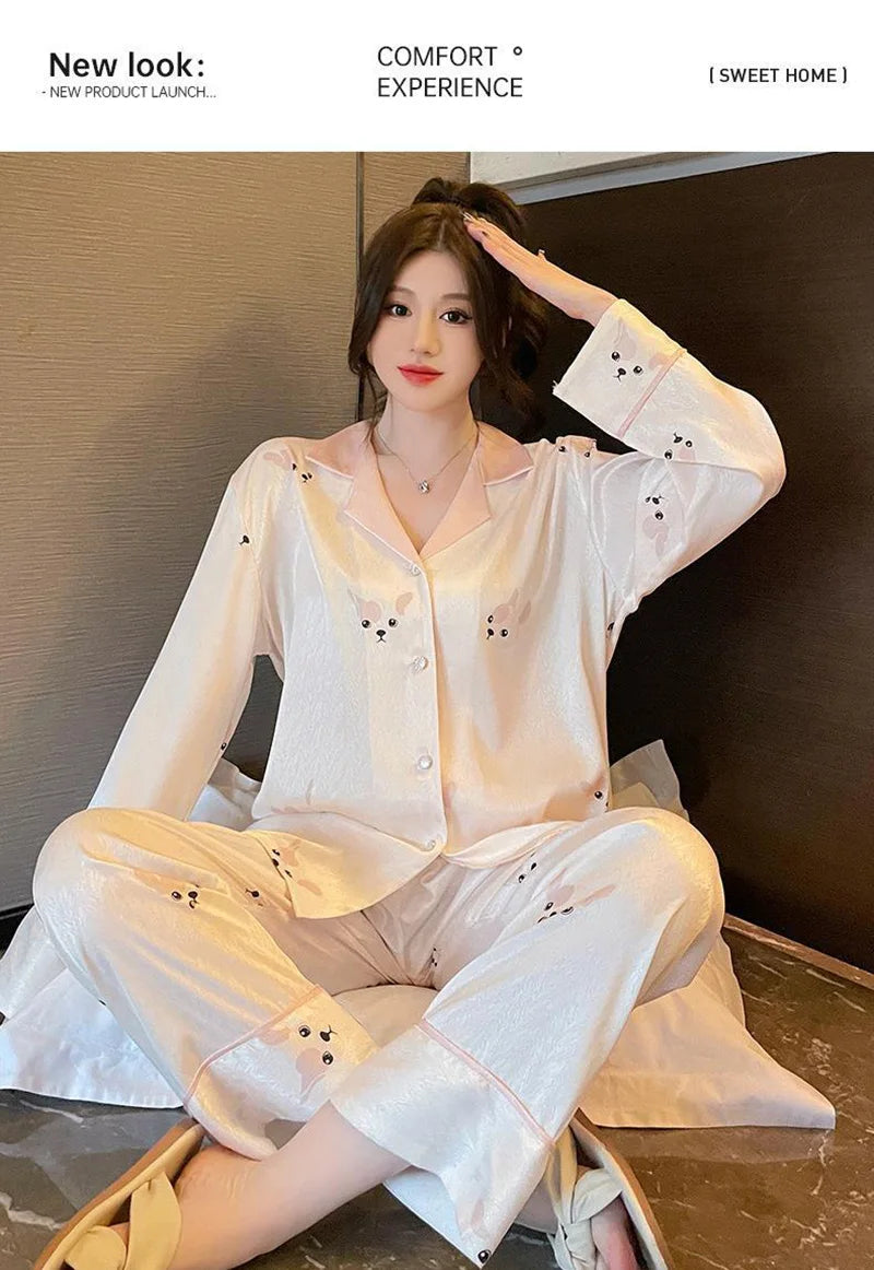 Maternity 2-Piece Set of Ice Silk Pajamas Comfortable Silk Long-Sleeved Trousers Herringbone Pattern Jacquard Silk Loungewear