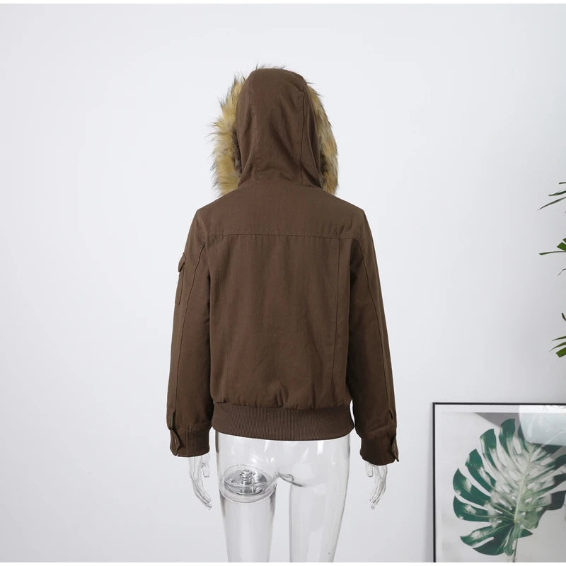 Chic Fur Collar Hooded Women's Cotton Jacket Solid Zipper Slim Waist Pocket Warm Thick Coat 2025 Autumn Winter Lady New Outwear