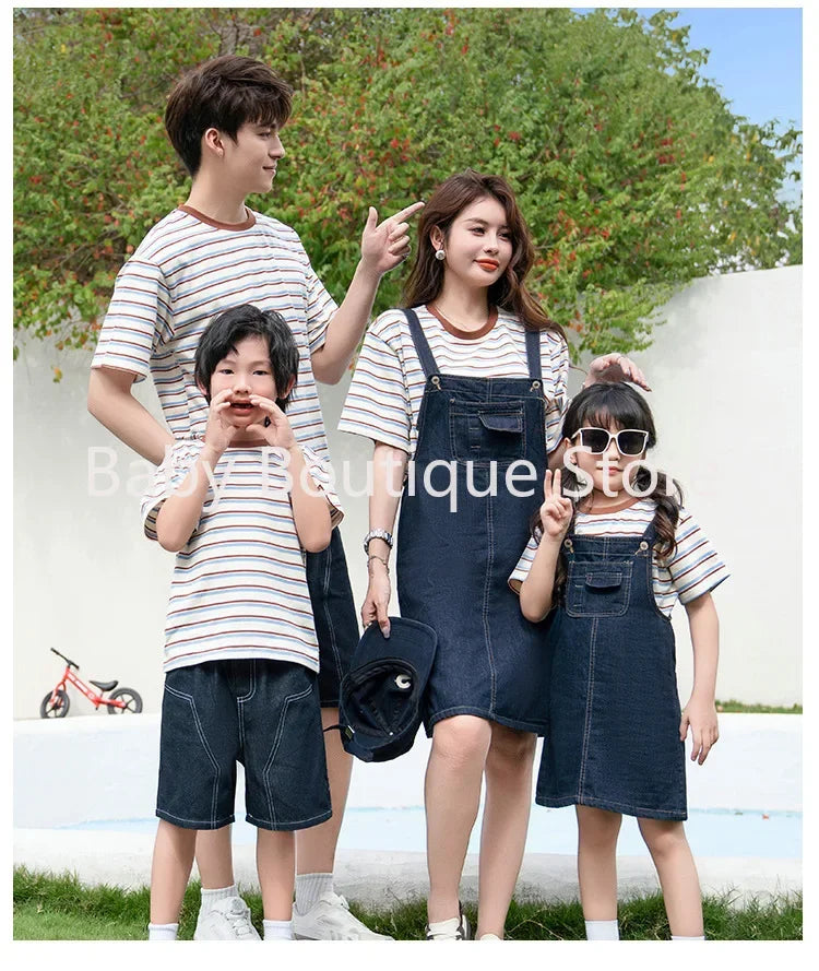 2025 Mom Daughter Father Son Family Matching Summer Cotton Mother Daughter Outfits Twin Wear Casual Striped Tshirt Overalls Set