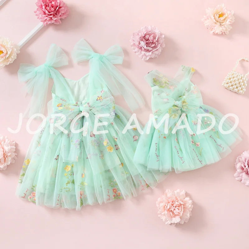 2026 Easter Kids Dress Girl Summer Dress Floral Bow Sleeveless Dance Performance Dress Girls Clothes E1236