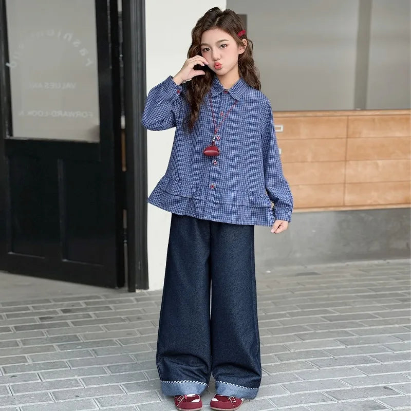 Girls Clothing Set Fashion Children Blue Plaid Loose Fit Sweet Doll Shirt +Cowboy Wide Leg Pants Two-piece Set Spring Autumn