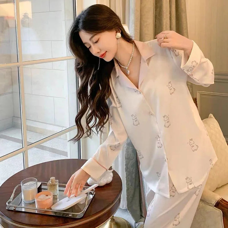 Maternity 2-Piece Set of Ice Silk Pajamas Comfortable Silk Long-Sleeved Trousers Herringbone Pattern Jacquard Silk Loungewear