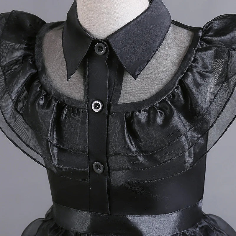 Wednesday Adams Cosplay Dresses 2025 New Girls Mesh Costume Vestidos Kids Carnival Easter Halloween Party Dress 4-12 Years