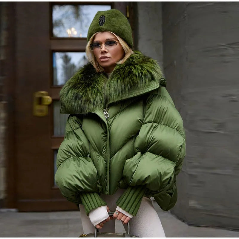 Chic Fur Collar Hooded Women's Cotton Jacket Solid Zipper Slim Waist Pocket Warm Thick Coat 2025 Autumn Winter Lady New Outwear