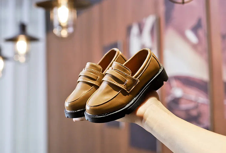 2025Kids Loafers Slip-on Pu Leather Shallow Black Brown Boys Girls Flat Shoes 21-36 Toddler Fashion Leisure Children Casual Shoe