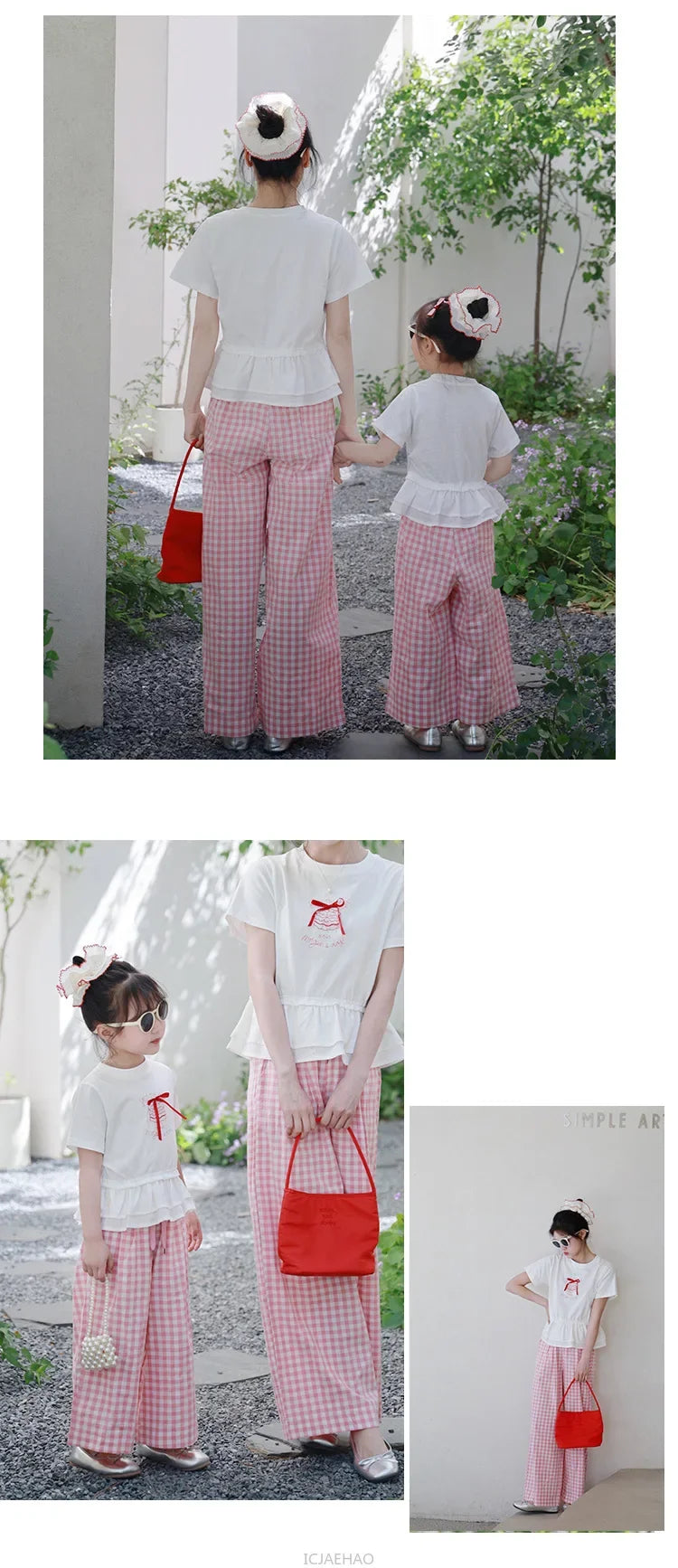 2025 Mother Daughter Matching Outfits Pink White Checkered Pants Tshirt Set Summer Casual Family Clothes Vacation Suits Mom