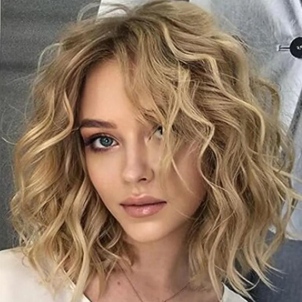 Wig, European and American Women's Short Curly Hair Fashion Top Dye Gradient Golden Wig, Side Part Synthetic Fiber Hairpiece