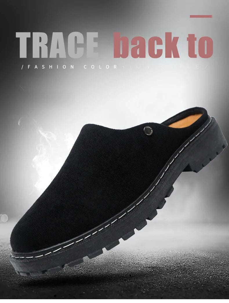 Black Men's Half Shoes Summer Casual Shoes Comfortable Suede Leather Shoes For Men Loafers Breathable Slip-on Shoes Man Slippers