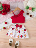Baby clothing Baby girls Ruffle Sleeveless Top Bow and Strawberry Print Skirt Fashionable Set for 0-3 Year Toddler Baby Girls