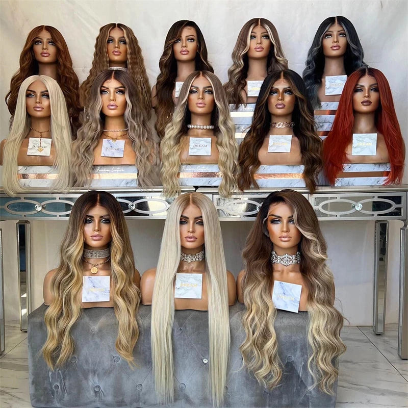 Wig female Synthetic Hair Brown Blonde Highlights Short Bob Shoulder Wigs 13x4 Glueless High Quality Full Enough miku cosplay
