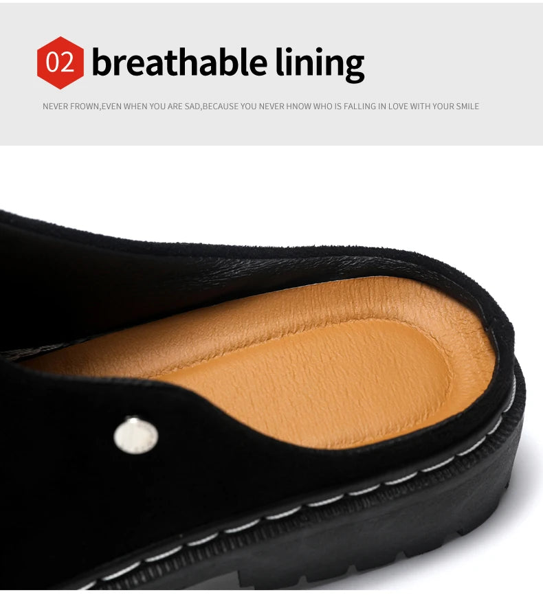 Black Men's Half Shoes Summer Casual Shoes Comfortable Suede Leather Shoes For Men Loafers Breathable Slip-on Shoes Man Slippers