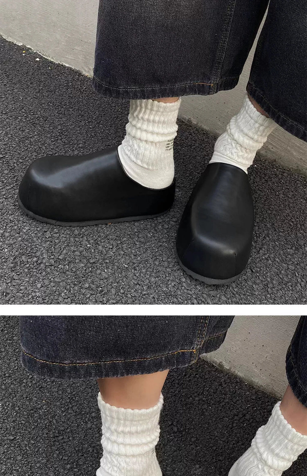 Black Boken leather shoes for men's thick soled design slippers summer new big toe mules shoes outdoor