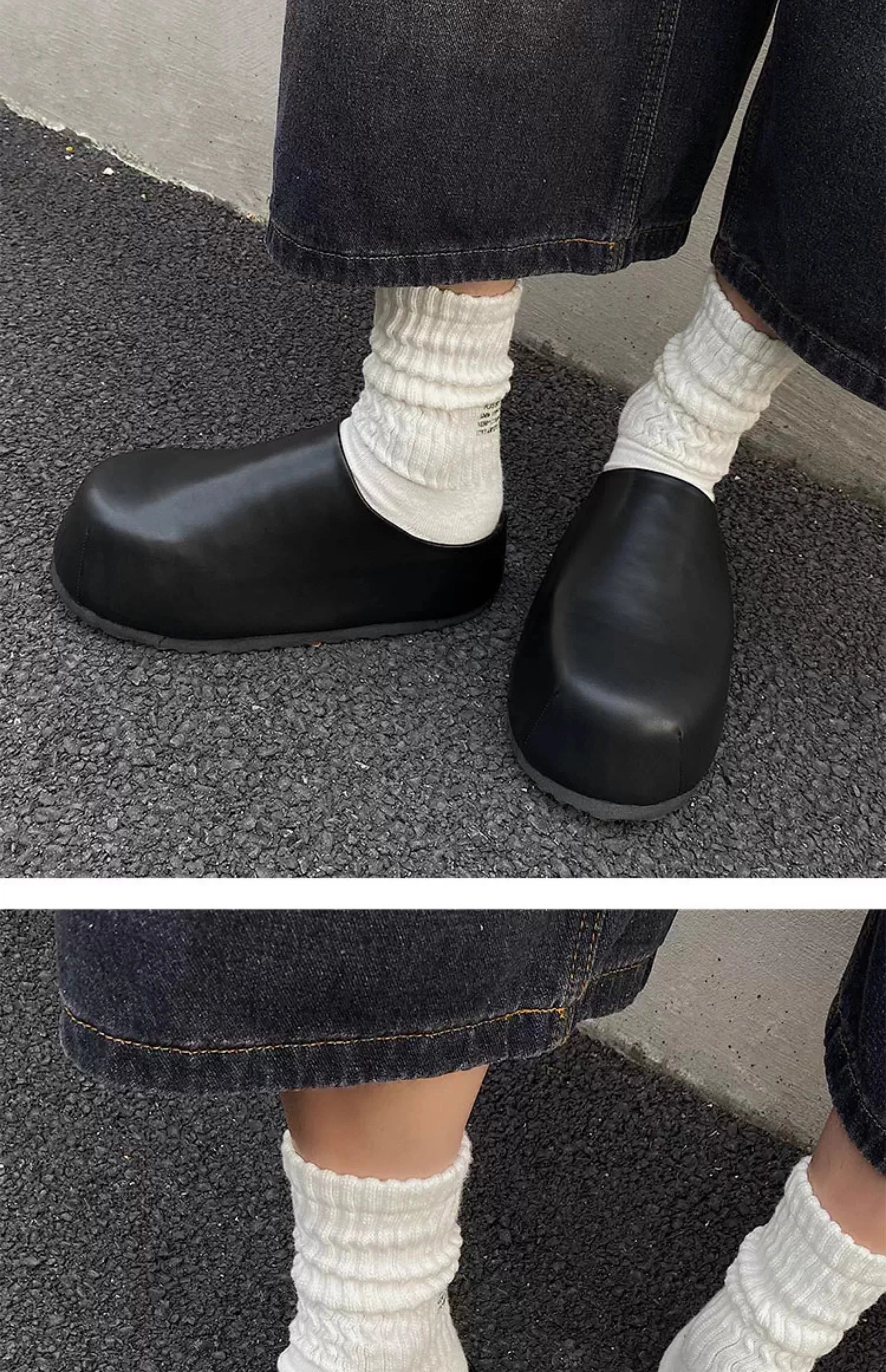 Black Boken leather shoes for men's thick soled design slippers summer new big toe mules shoes outdoor
