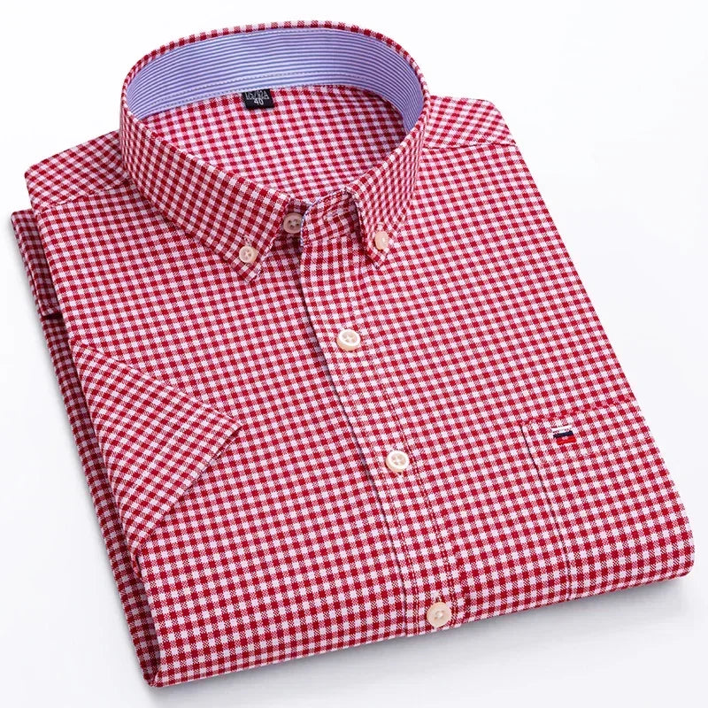 2026 100% Pure Cotton Men's Oxford Short Sleeve Square Collar Soild Plaid Striped Summer Casual Shirts Single Pocket  Shirt